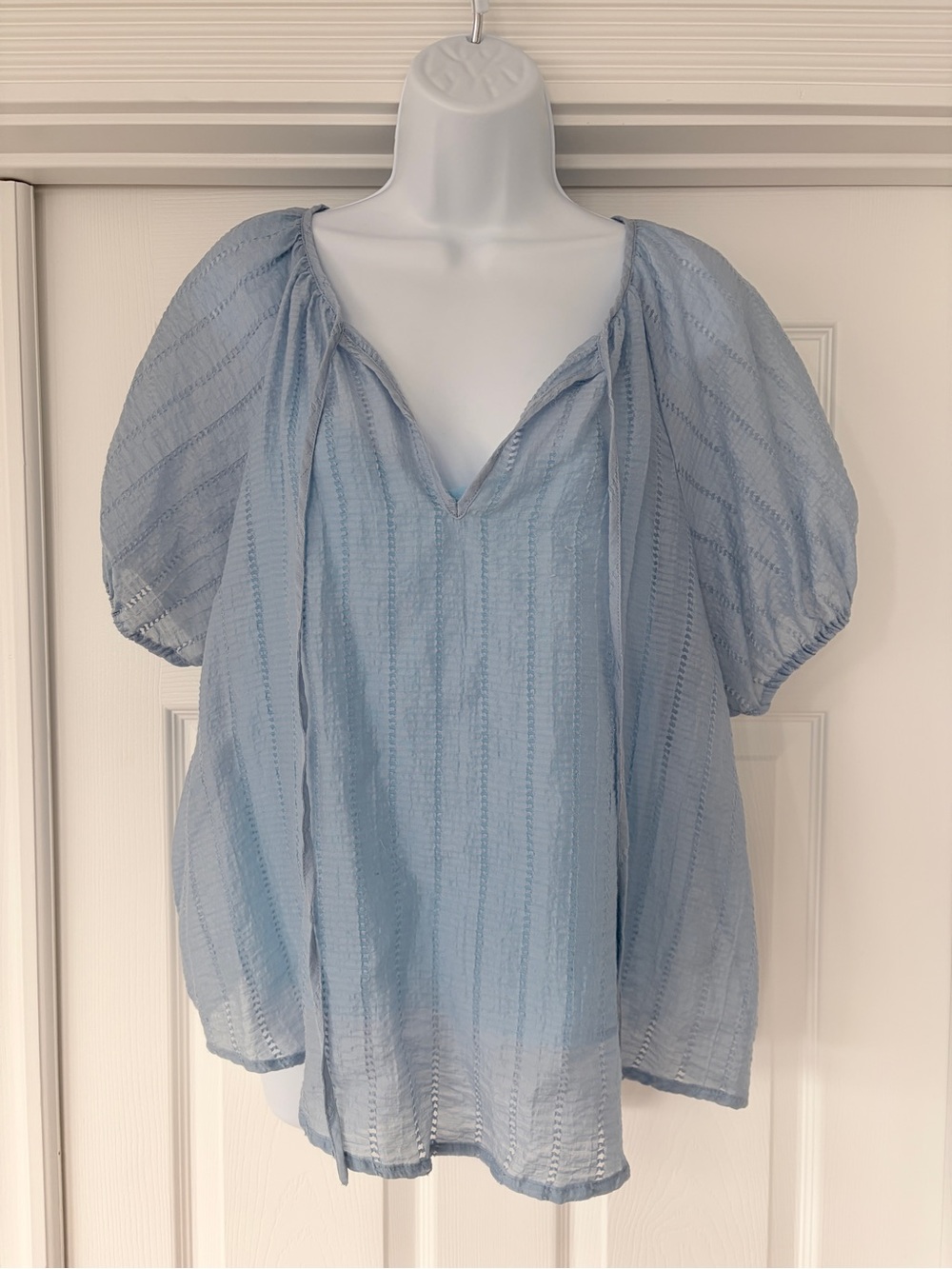 Light Blue Women's Peasant Blouse - Casual V-Neck Top